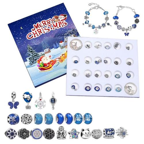 Kit de fabrication de Bracelet bleu, calendrier de l'avent de noël 2022, calendrier du compte à rebours de noël de 24 jours avec 2 breloques à faire soi-même