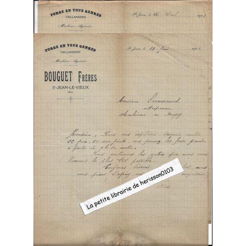 2 Lettres 1922 De Bouguet Frères Saint Jean Le Vieux (Ain) Forge En Tout Genre, Taillanderie, Machines Agricoles, À M Larmaraud Entrepreneur À Ambérieu En Bugey