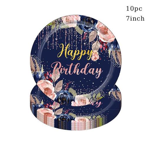 Vaisselle Jetable Anniversaire Fleur Bleu Marine 10 Invités, Vaisselle Jetable, Assiette Joyeux Anniversaire, Tasse De Serviette, Reine, Princesse, Fête Joyeux Anniversaire, Dec