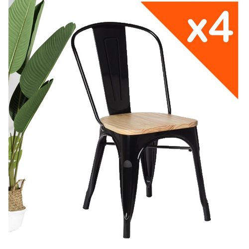 Kosmi - Lot De 4 Chaises Noires En Métal Et Bois Clair Style Industriel Factory En Métal Noir Mat Et Assise En Bois Clair