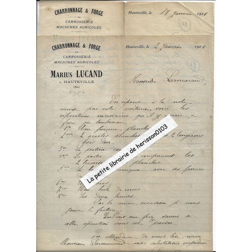 2 Lettres1921 Marius Lucand Hauteville (Ain) Charronnage Et Forge, Carosserie, Machines Agricoles À Larmaraud D'ambérieu En Bugey