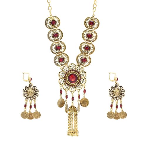 Ensemble De Bijoux Gitane Vintage En Or Avec Fleur Creuse, Collier Et Boucles D'oreilles, Cristal Rouge, Cloche, Pompon, Afghan, Pakistan, Turc, Inde