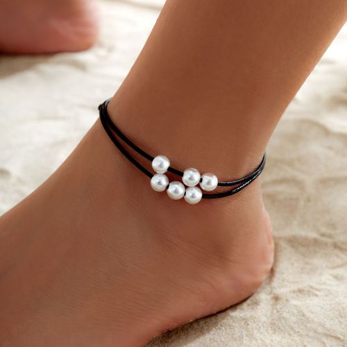 Ingmark ¿ Bracelet De Cheville En Fil De Cire Noire, Chaîne Réglable Pour Femmes, Pieds Nus, Imitation Perle, Pendentif, Bijoux Pour Pieds, Plage, Été