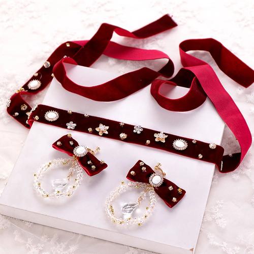 Grandes Boucles D'oreilles En Flanelle Rouge Vin Avec N?ud Et Perles, Accessoires De Mariage, Cristal Et Or, À La Mode, Ensembles De Bijoux De Mariée