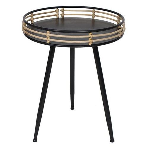 Petite Table En M?Tal Ronde Noire Et Rotin