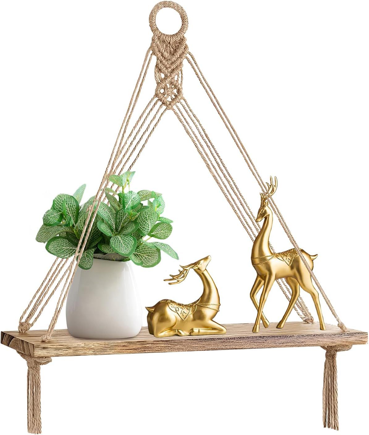 1 pièce Etagere Murale Bois Macramé Boheme Deco Plantes Simple Houppe Manuel Tissé Chambre Salon WC Etagere Suspendue Corde