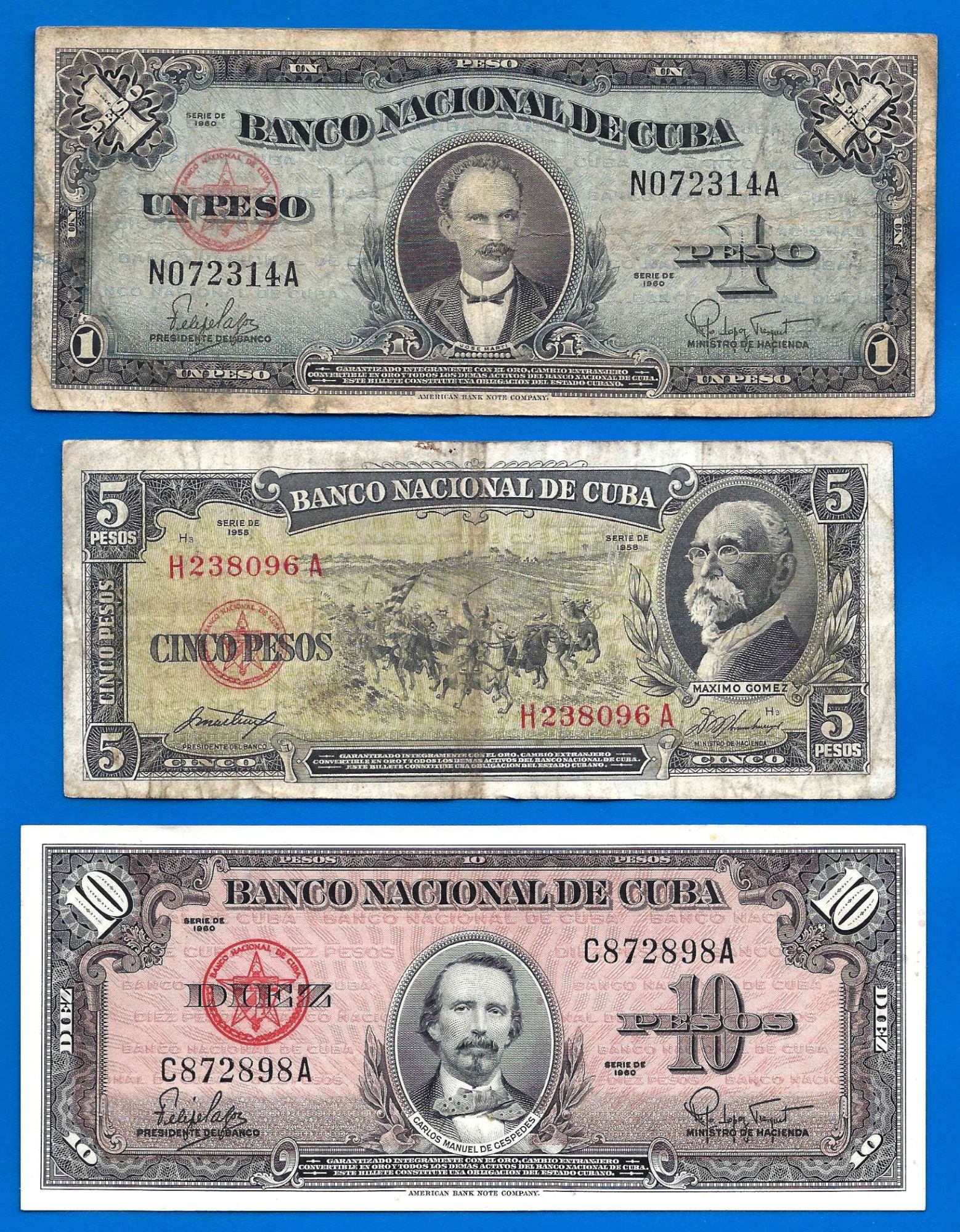 Lot Cuba 1 5 10 20 50 100 Pesos 1958 1959 1960 Peso Centavos Billets Caraibe Amerique