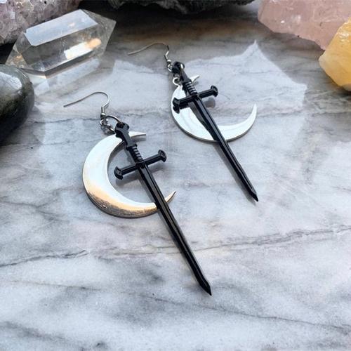 Boucles D'oreilles Gothiques En Forme De Lune Dorée, Bijoux De Déclaration Excalibur, Bague Classique, Grande Épée, Punk Mystique, Cadeau Pour Femmes