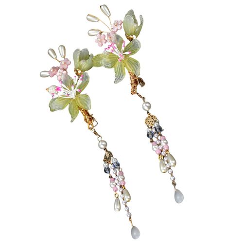 Pinces À Cheveux Latérales Hanfu Pour Filles, Épingles À Cheveux Frontales À Fleurs Frangées Avec Perles, Fête Cosplay, Cheongsam Grill Chinois, 2 Pièces
