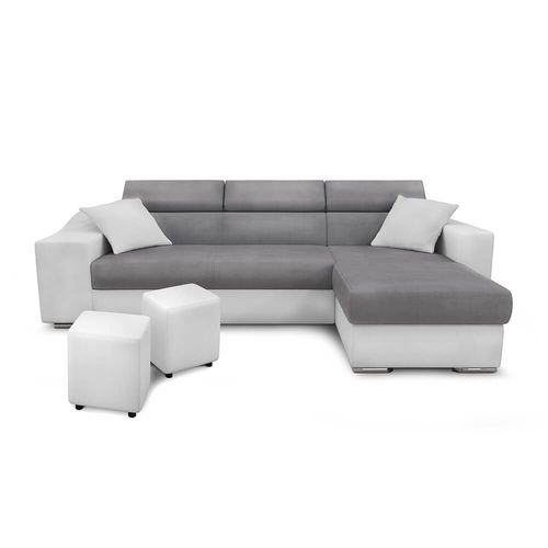 Canapé D'angle Elona Convertible En Microfibre Et Simili Avec Niche De Rangement Gauche - Blanc / Gris