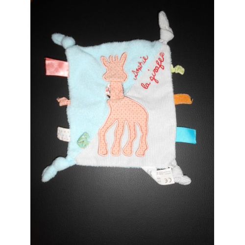 Sophie À La Girafe Doudou Plat Carre Rectangle Bleu Orange Gris Vert Fleur Pois Etiquette Pois 4 Noeuds Vulli