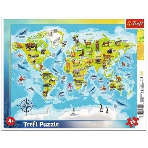 Puzzle Cadre - Carte Du Monde Des Animaux - 25 Pièces