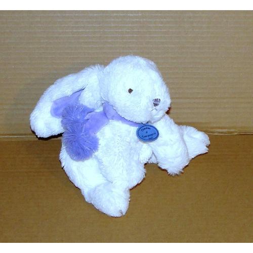 Doudou Lapin Blanc Bleu Bonbon Peluche Lapin Écharpe Pompom 22 Cm