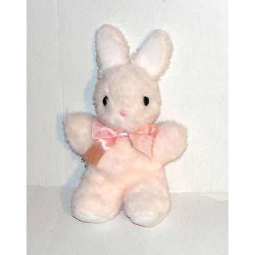 Peluche Lapin Rose Blanc Vintage Sucre D'orge Doudou Lapin Yeux Noir 28 Cm