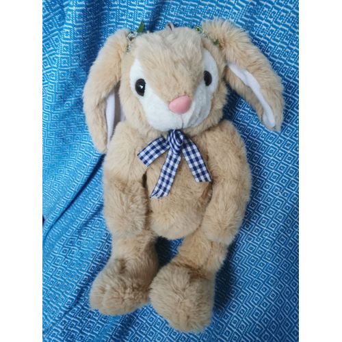 Doudou Lapin Peluche Beige Noeud Vichy Bleu Fleur Oreilles Sandy