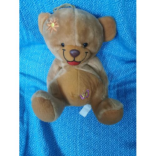 Doudou Peluche Ours Marron Assis Brodé Papillon Fleurs Forest Distribution