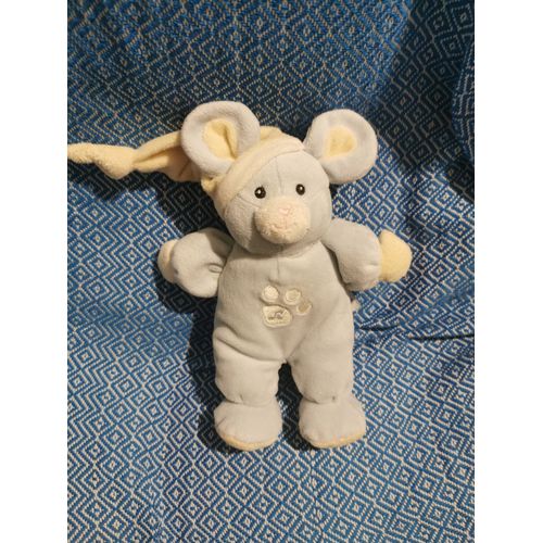 Doudou Souris Bleu Ecru Bonnet Broderie Pattes Sonore Gipsy