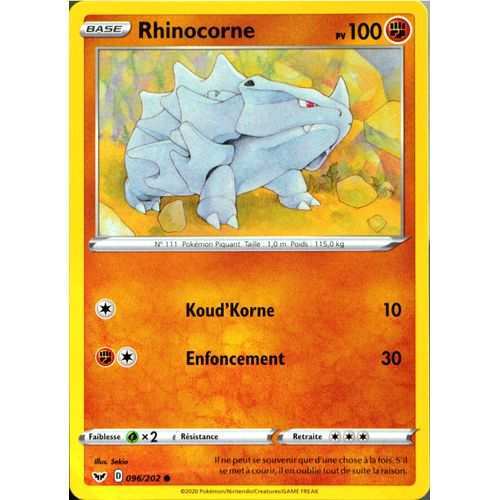 Carte Pokémon 96/202 Rhinocorne 100 Pv Eb01 - Epée Et Bouclier 1 Neuf Fr