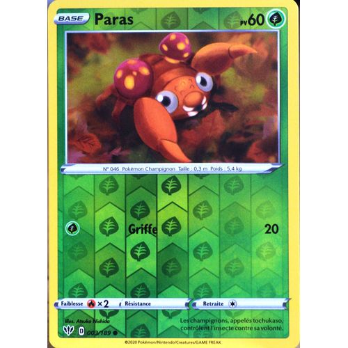 Carte Pokémon 3/189 Paras - Reverse Eb03 - Epée Et Bouclier - Ténèbres Embrasées Neuf Fr