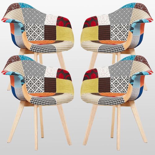 Lot De 4 Chaises En Tissu Patchwork - Design Scandinave - Accoudoirs - Salle À Manger, Salon, Bureau - Style Rétro