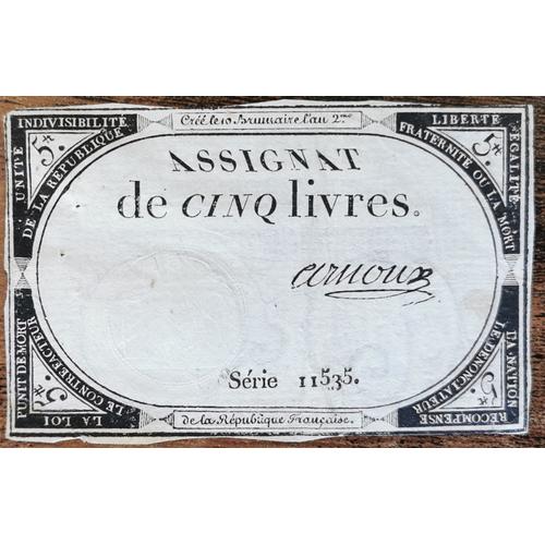 Assignat 5 Livres - 10 Brumaire L'an 2 - Série 11535 - Arnoux