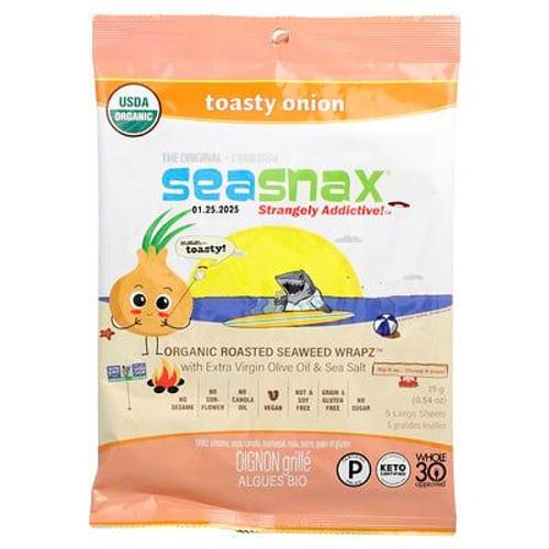 SeaSnax Wrapz d'algues grillées biologiques à l'huile d'olive extra vierge et au sel de mer, Oignon grillé, 5 grandes feuilles, 15 g