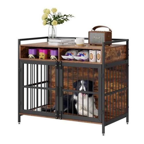 Cage Pour Chien -Vevor- 1041,4x599,44x919,48 Mm,Avec Double Porte Et Cubes De Stockage Pour Chiens Jusqu'à 31 Kg,Marron Rustique