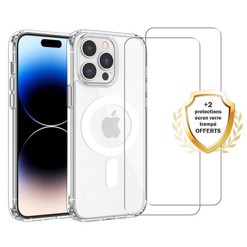 Coque Iphone 14 Pro Max Transparente Compatible Magsafe + 2 Vitres Protection Ecran Evetane