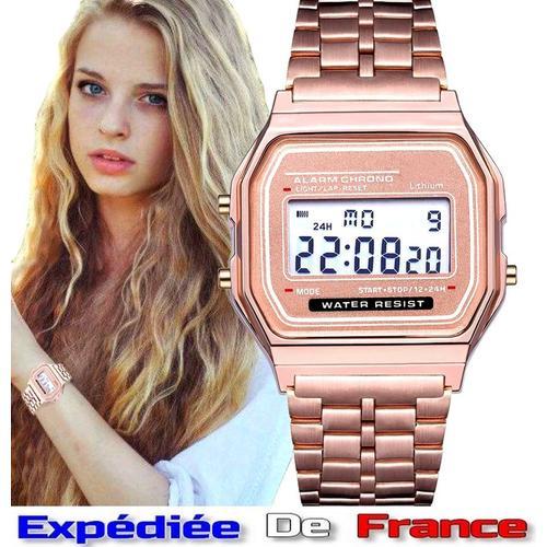 Montre Digitale Tendance Rétro Vintage Reprenant Le Style Casio Des Années 70 - Mixte Homme Femme Enfant - Affichage Numérique: Chrono Alarme Date Etc... Rose Gold