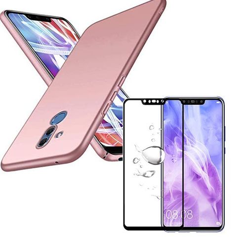 Kit De Verre Trempé 5d Full Cover + Coque Mince Et Rigide Pour Huawei Mate 20 Lite Rose