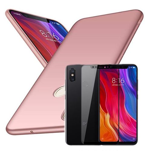 Kit De Verre Trempé 5d Full Cover + Coque Mince Et Rigide Pour Xiaomi Mi 8 Rose