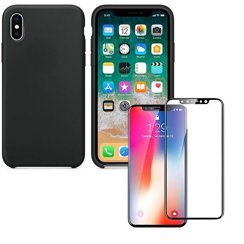 Kit De Verre Trempé 5d Full Cover + Coque Silicone Liquide Pour Iphone X / Xs
