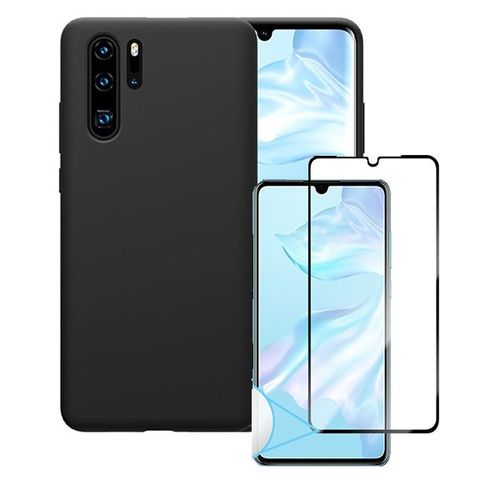 Kit De Verre Trempé 5d Full Cover + Coque Silicone Liquide Pour Huawei P30