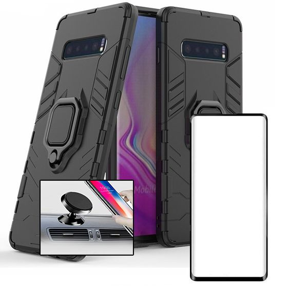 Kit De Verre Trempé 5d Full Cover + Coque 3x1 Military Defender + Support Magnétique De Voiture Pour Samsung Galaxy S10 Plus