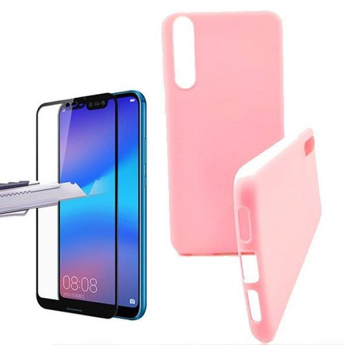 Kit De Verre Trempé 5d Full Cover + Coque Silicone Liquide Rose Pour Huawei P20 Pro
