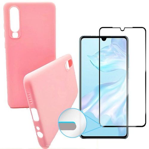 Kit De Verre Trempé 5d Full Cover + Coque Silicone Liquide Rose Pour Huawei P30