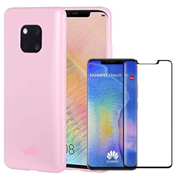 Kit De Verre Trempé 5d Full Cover + Coque Silicone Liquide Rose Pour Huawei Mate 20 Pro