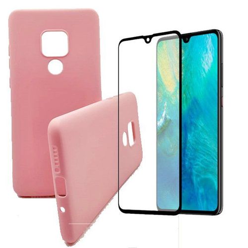 Kit De Verre Trempé 5d Full Cover + Coque Silicone Liquide Rose Pour Huawei Mate 20