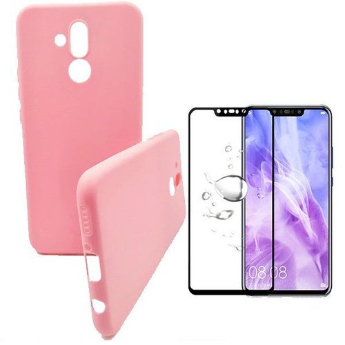 Kit De Verre Trempé 5d Full Cover + Coque Silicone Liquide Rose Pour Huawei Mate 20 Lite