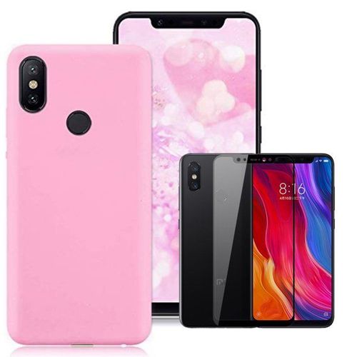 Kit De Verre Trempé 5d Full Cover + Coque Silicone Liquide Rose Pour Xiaomi Mi 8