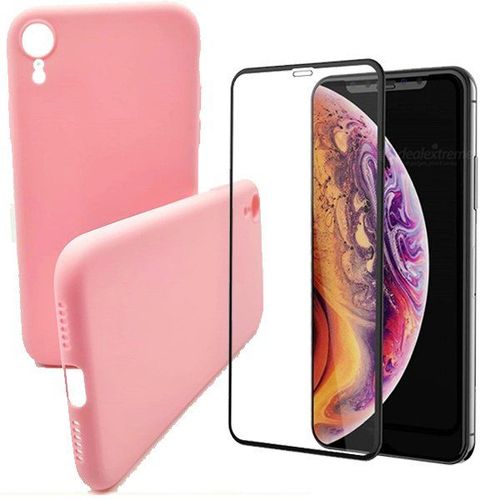 Kit De Verre Trempé 5d Full Cover + Coque Silicone Liquide Rose Pour Iphone Xr