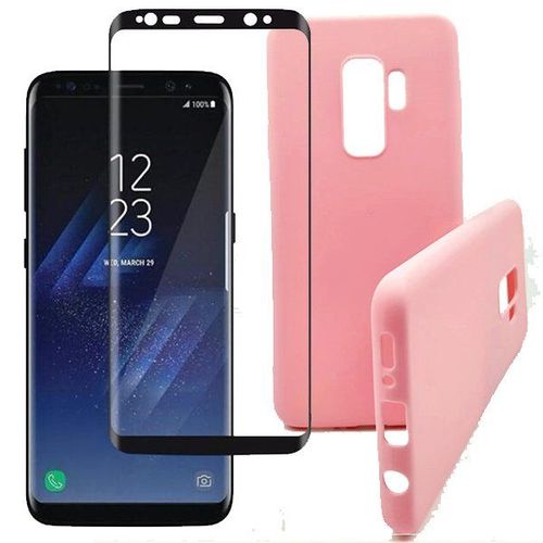 Kit De Verre Trempé 5d Full Cover Incurvé + Coque Silicone Liquide Rose Pour Samsung Galaxy S9 Plus