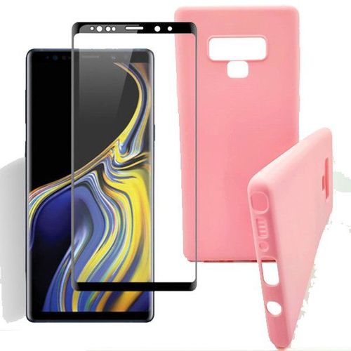 Kit De Verre Trempé 5d Full Cover Incurvé + Coque Silicone Liquide Rose Pour Samsung Galaxy Note 9