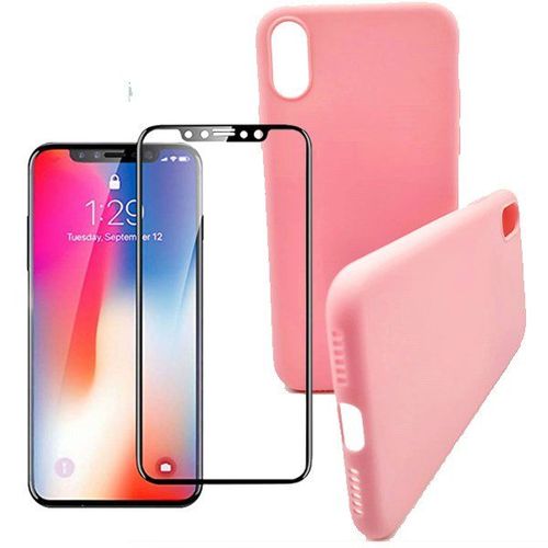Kit De Verre Trempé 5d Full Cover + Coque Silicone Liquide Rose Pour Iphone X / Xs