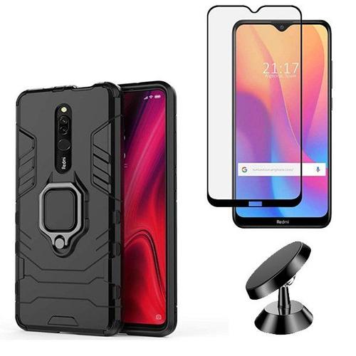 Kit De Verre Trempé 5d Full Cover + Coque 3x1 Military Defender + Support Magnétique De Voiture Pour Xiaomi Redmi 8a Pro