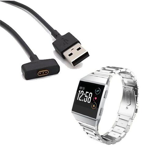 Kit Bracelet Acier Stainless Lux + Outil + Chargeur Usb Pour Fitbit Ionic - Gris