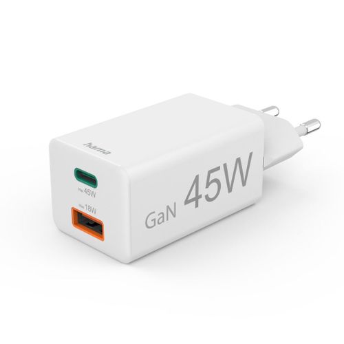 Charg. Rapide, 1 Usb-C Pd, 1 Usb-A Qc, Mini-Chargeur, 45 W, Blanc