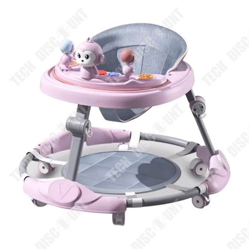 Td Trotteur 4-En-1 Pliable Réglable Avec Roues Silencieuses À 360° Et Poignée Et Plateau D'activités Musical Amovible Trotteur Rose