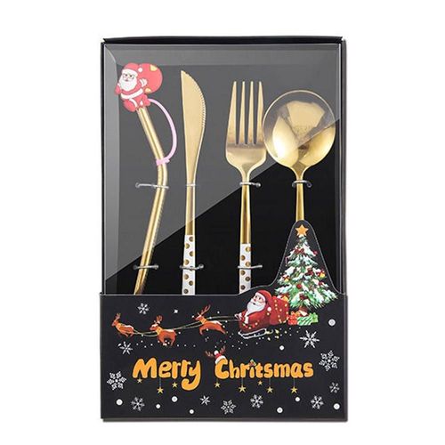 Couverts De Noël En Acier Inoxydable, 4 Pièces, Fourchettes, Cuillères Et Pailles, Couverts De Cuisine À Thème, Poli Miroir