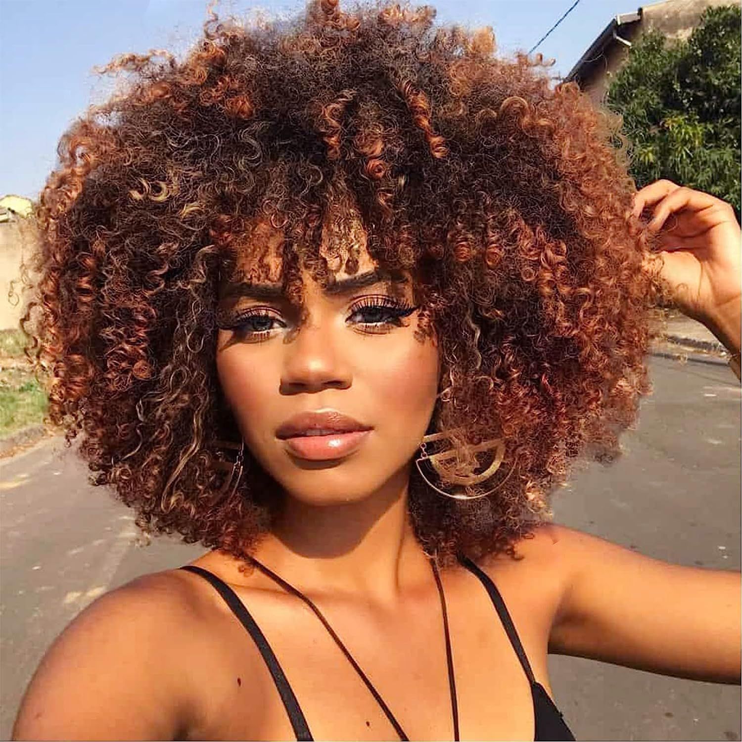 Noir Mélangé Brun Foncé Perruque Femme Naturelle Afro Bouclée Avec Frange Court Afro Kinky Cheveux Perruque Ombre Brun Foncé Synthétique Résistant À La Chaleur Perruques Volumineuse 14